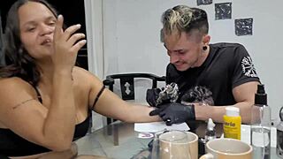 Latina girl trades tattoo for pussy.