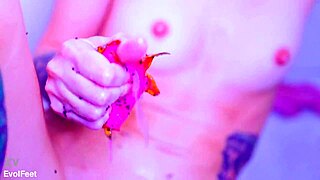 Bare toes crushing juicy fruit