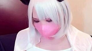 Masked beauty in crossdressing pleasures herself while streaming