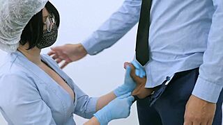 the nurse gives titty fuck and blowjob to the doctor, lactating milk