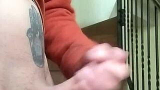 i masturbate on apartment stairs, flashing huge cock while neighbor talks in garage