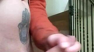 i masturbate on apartment stairs, flashing huge cock while neighbor talks in garage