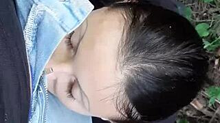 I lick her pussy in the forest until she cums, lesbian fun.