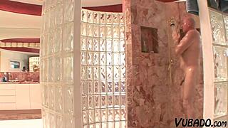 does blonde step daughter get cum on her ass in retro scene?