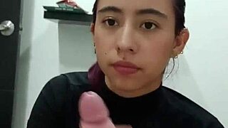 Hot guy invites stepsister inside for passionate oral sex with big tits until cum fills mouth.