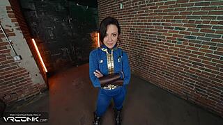 Horny brunette Lucy in Fallout cosplay sucks and rides monster cock anally.