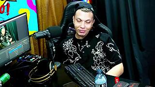 Victoria Camargo bends over on podcast table, exposing her hairy pussy