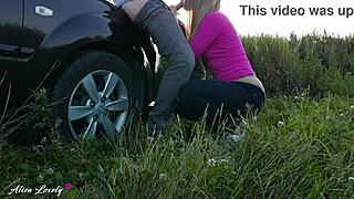 The taxi driver bends the blonde over by the car at sunset for hard fucking.