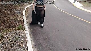 Priscila, that young girl, showing off her big tits on the streets without panties! So hot!