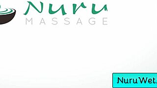 Curly teen rubs wet pussy on client's back during nuru massage 😏
