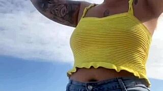 Wearing Bikini That Splits Pussy On Beach!