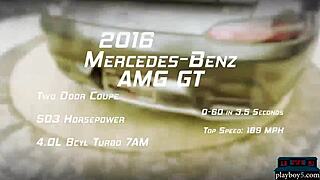 Playboy babes in hot bikinis wash a mercedes amg gt outdoors.