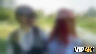 Sexy Redhead Miss Olivia in Red Lingerie Fucked Publicly Before Boyfriend's Eyes.