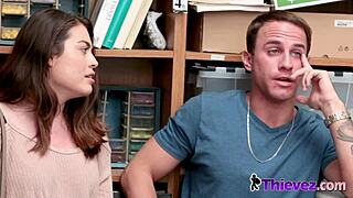 A Man Gets Cuckolded By His Brunette Girlfriend And Her Burglar Friend In The Shop.