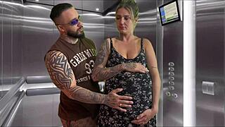 Pregnant Neighbor Gives Gagging Blowjob in Elevator and Swallows Cum