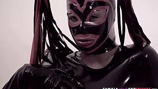 Ebony shemale gives blowjob to big cock in latex