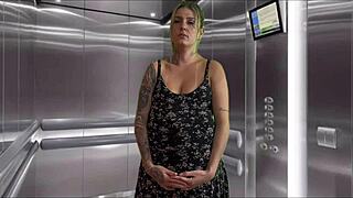 Pregnant Neighbor Gives Gagging Blowjob in Elevator and Swallows Cum