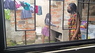 Housewives make homemade porn after laundry, they're hot sluts