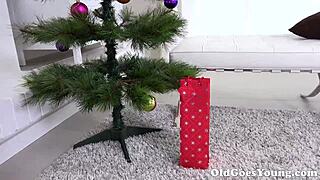 old man next-door shows off pro pussy eating skills on young shaved teen in hardcore christmas session