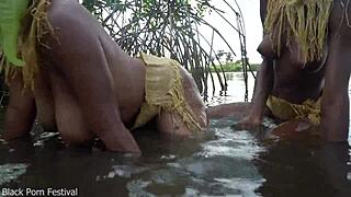My 2 african zulu wives bathing in my village which tits do you like better