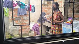 Housewives make homemade porn after laundry, they're hot sluts