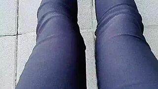 Chinese crossdressing ladyboy masturbates outdoors in stockings during midday urge.