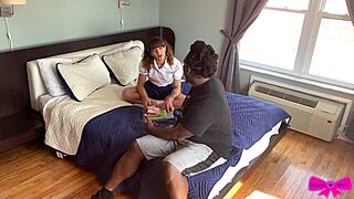 Can this pigtails school uniform teen slut in panties handle choking on big black cock while riding cowgirl as daddy's girl in rough interracial sex?