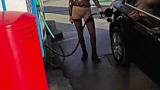 Hey, flashing some fun at the petrol station outdoors