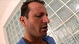 Jen the milf mommy in fishnets and heels bends over on bed for deepthroat fucking and gaping asshole fingering in lingerie