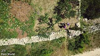 Blonde and Brunette Lesbians Rebecca Volpetti and Veronica Leal Dive into Outdoor Strap-On Action on Vacation