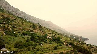 Blonde and Brunette Lesbians Rebecca Volpetti and Veronica Leal Dive into Outdoor Strap-On Action on Vacation