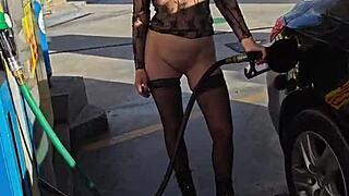 Hey, flashing some fun at the petrol station outdoors