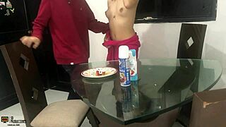 I got so horny eating a good cock with strawberry and cream, then bent over for deepthroat and doggystyle creampie in this homemade Latina fetish video. Skinny small tits amateur rides hard.