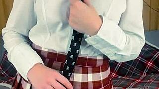 Hey, check out this busty teacher having fun with her strapon in a solo session.