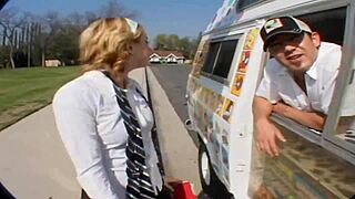 Hey, check out Lexi Belle getting deepthroated and creampied by that ice cream man in doggystyle action.