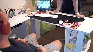 naughty secretary sucked off her boss during zoom meeting, taking cum in mouth while curvy and cute in homemade roleplay