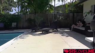 Stepbrother rams his horny stepsister's tight hairy pussy outdoors while fingering her.