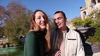 Will pretty French amateur Liz get fucked in front of her guy while flashing small tits outdoors?