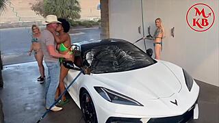 Kora Bell, Angel Minx, and Duchess Coco casually suck and fuck Jasper Woodcock in a public carwash outdoor session.