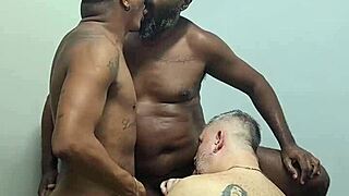 Group of men engage in bareback interracial orgy lasting about 59 seconds.