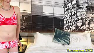 blonde amateur shemale jerks cock while toying tight ass solo