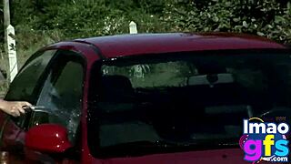 Two hot brunettes wash car naked, showing tits and ass.