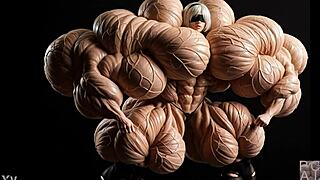 Does 2b grow into a muscular giantess in this pump factory fmg ai animation?