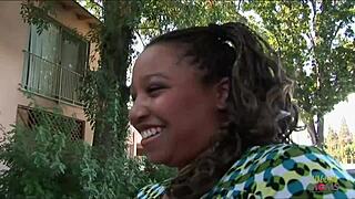 thick black girl picks up a guy on the street. she bends over to suck and rides his big black cock.