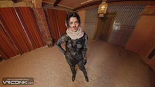 Brunette Chani in uniform bends over for Atreides huge cock. She rides him cowgirl in Dune cosplay parody VR part 3.