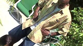 subtle threesome action unfolds outdoors with shaved pussy and anal play