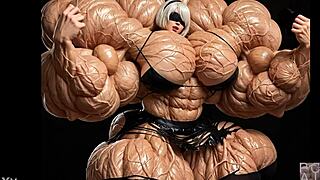 Does 2b grow into a muscular giantess in this pump factory fmg ai animation?