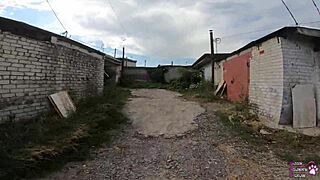 hey, check out this horny student sucking big cock behind garages in pov