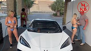 Kora Bell, Angel Minx, and Duchess Coco casually suck and fuck Jasper Woodcock in a public carwash outdoor session.