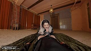 Brunette Chani in uniform bends over for Atreides huge cock. She rides him cowgirl in Dune cosplay parody VR part 3.